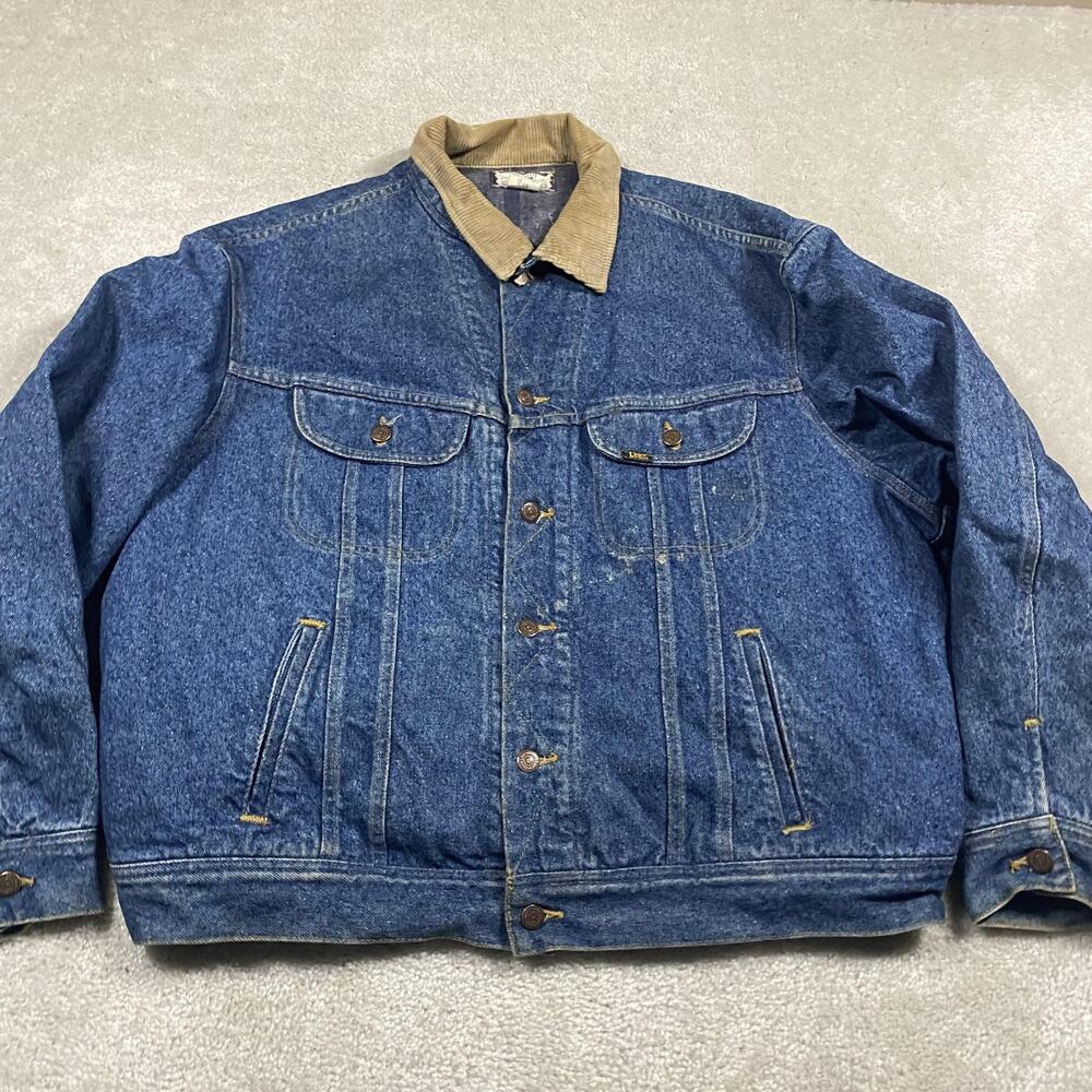 Vintage Lee Jacket Mens 2XL Blue Denim Blanket Lined Corduroy Collar Western